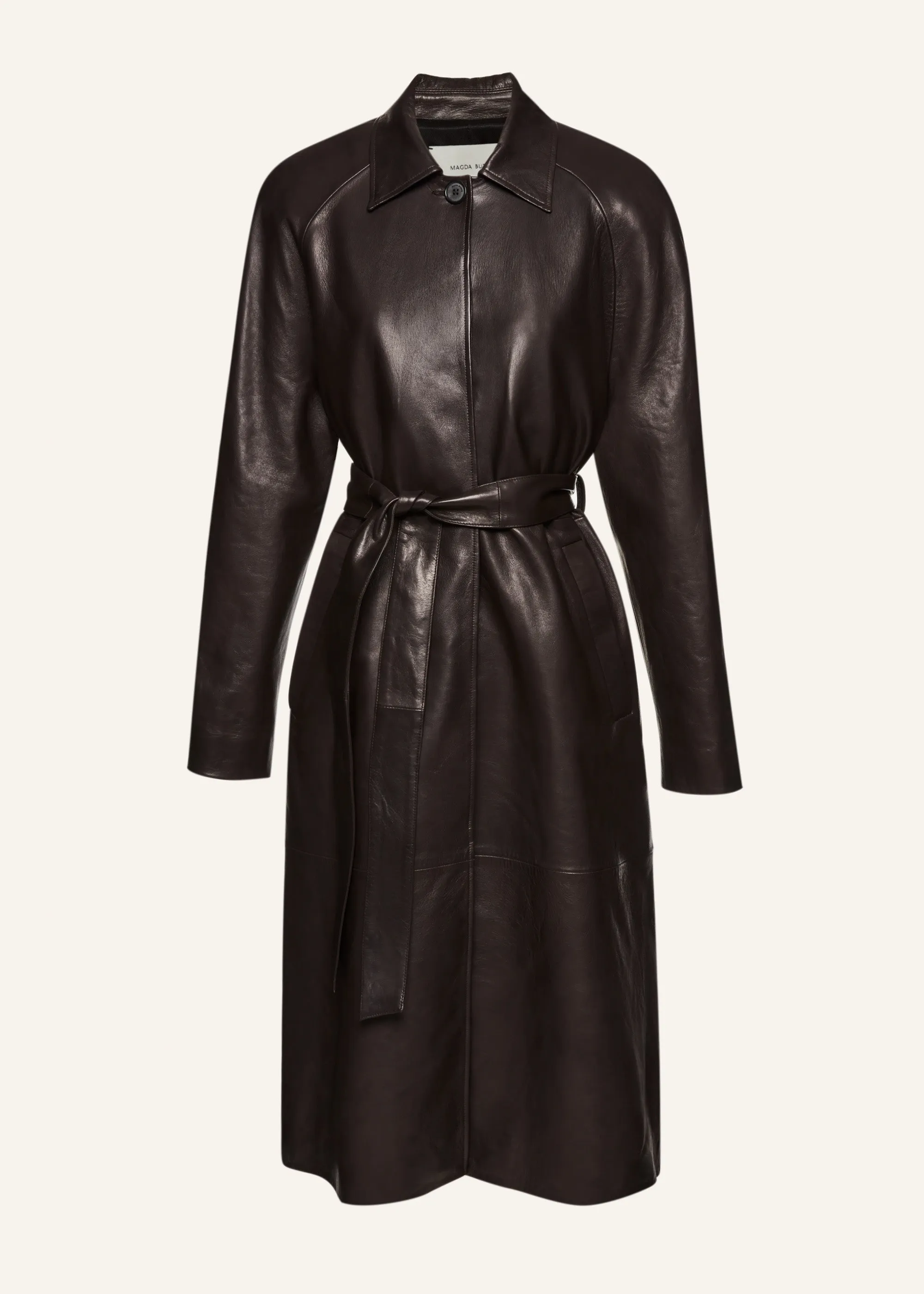 Belted leather coat in brown