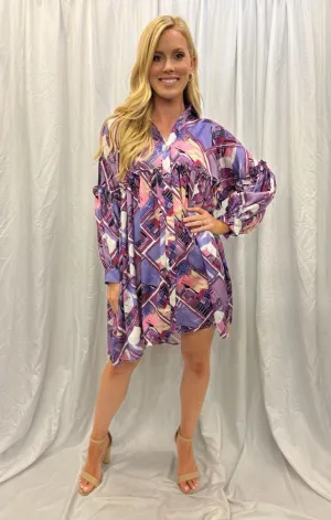 Dresses - Purple City Scape Long Sleeve Dress