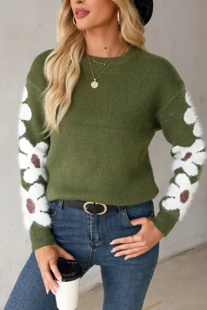 Flower Round Neck Long Sleeve Sweater