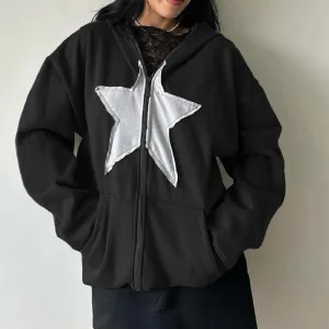 Flytonn-Star Patchwork Oversized Sweatshirts Y2K Cyber Grunge Streetwear E-girl Gothic Zip Up Hoodies Women Long Sleeve Coats Jacket Top