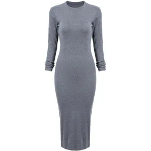 Korean Designer Casual Style Female Dresses Plain High Street Fashionable Long Sleeve Round Neck Dress