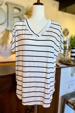 Short Sleeve Striped Loose Fit V-Neck Top- Ivory