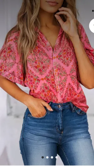 Tops- Pink Floral Button Up Blouse